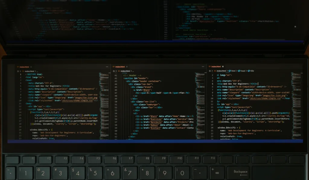 Three pages of code on a computer screen.