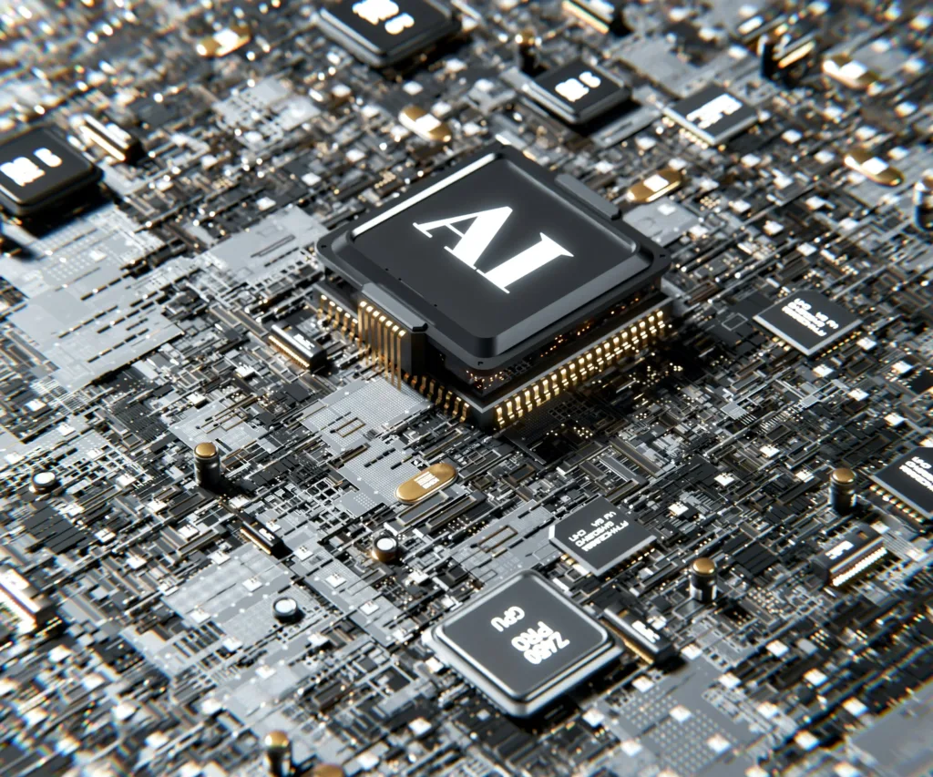 Photo of a motherboard with a chip with the letters, AI, on it. A part of the article answering how does ai answer questions.