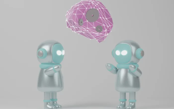 Two teal robots facing each other with a pink brain over their heads symbolizing AI UX.